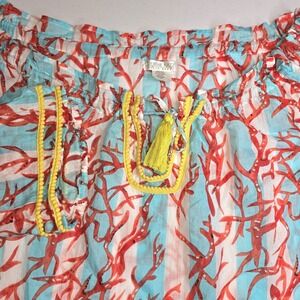DEBBIE KATZ Tunic Top Beach Coverup L/XL Blue White Coral Tropical -1404